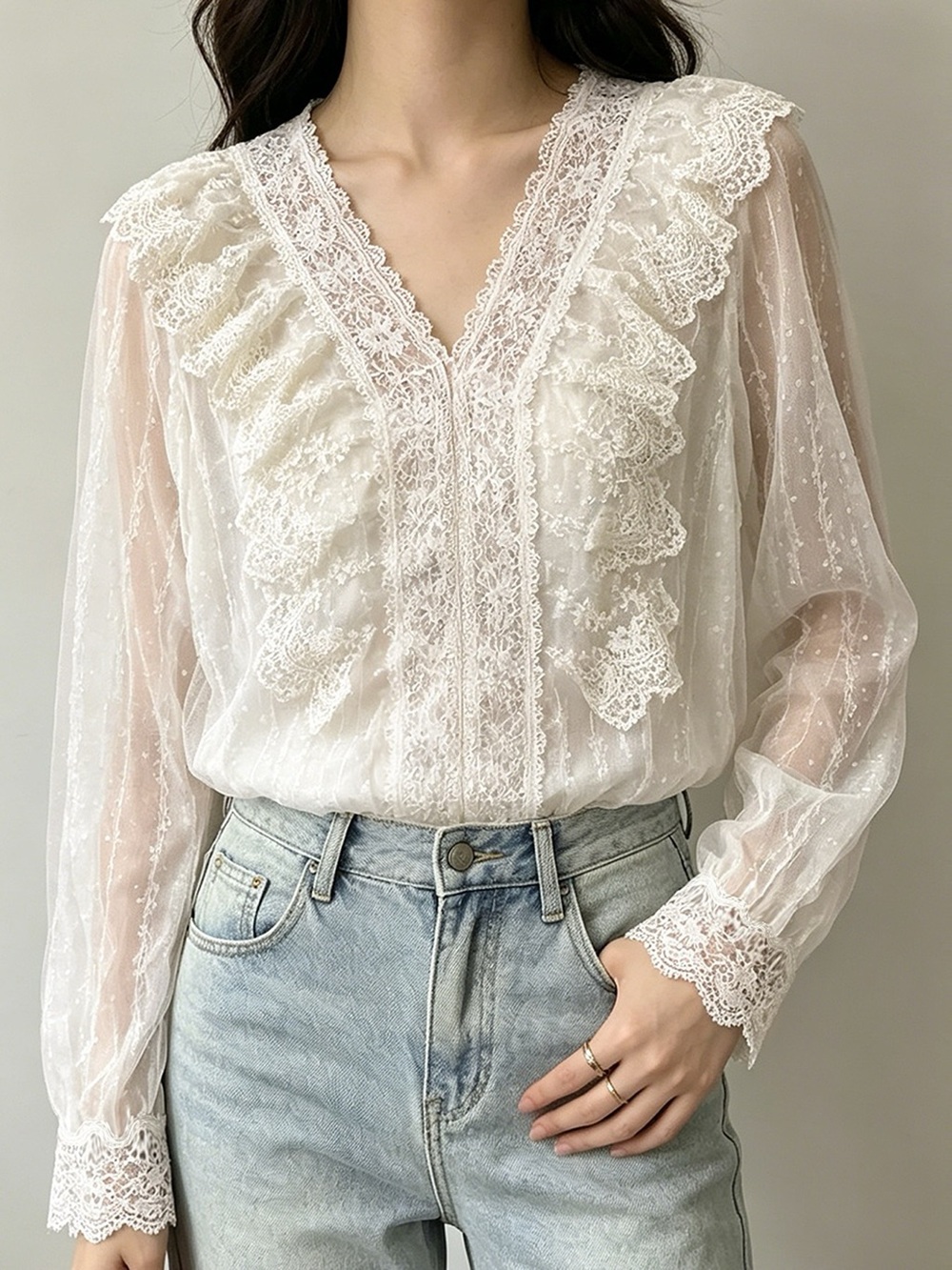 V-Neck Lace Ruffle Sheer Blouse